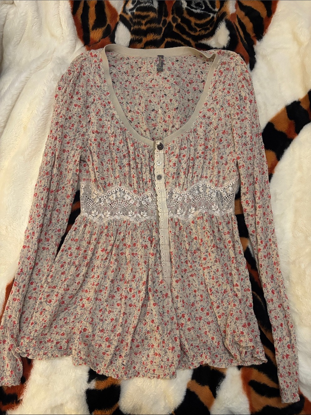 Free People Cream Floral Lace-Trim Button Front Tunic